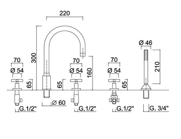G3 - F7660 - 5 hole bathtub set with diverter with hand shower by Rubinetteria Giulini - view 3